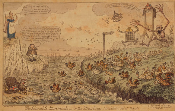 FASHIONABLE MOVEMENTS or THE STRAY BIRDS, Frightened out of France, by Cruikshank, 1823