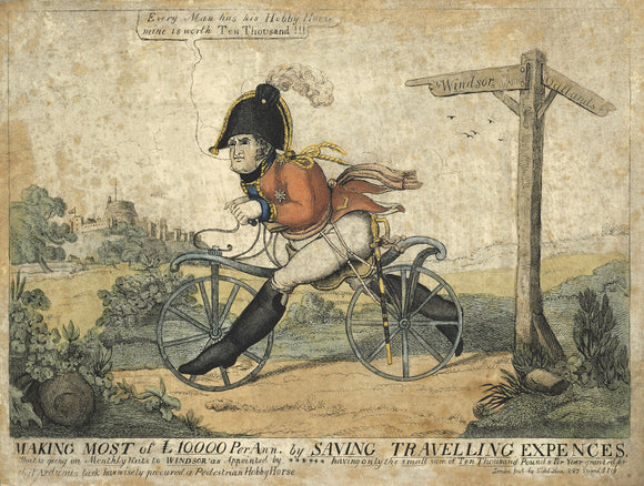 SAVING TRAVELLING EXPENCES, the Duke of York on bicycle, by Marks, 1819