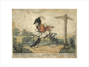 SAVING TRAVELLING EXPENCES, the Duke of York on bicycle, by Marks, 1819
