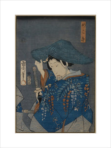 A Japanese Print, showing a woman with a sword and a hat