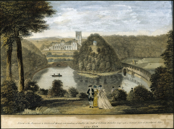 One of four views of the water garden at Studley Royal, Yorkshire, by A. Walker after Balthazar Nebot (fl. 1730-62), coloured mezzotints, 1758