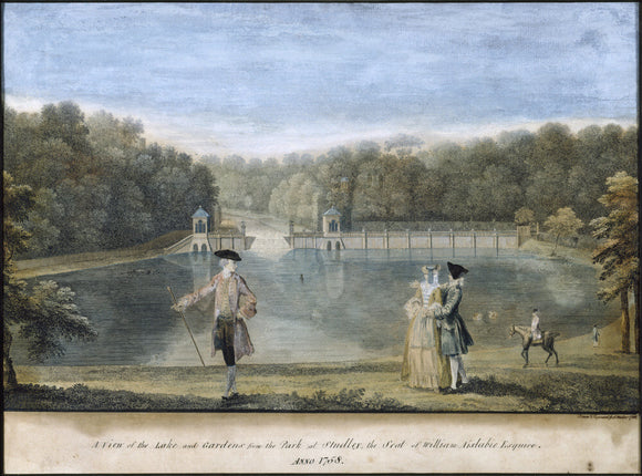 One of four views of the water garden at Studley Royal, Yorkshire, by A. Walker after Balthazar Nebot (fl. 1730-62), coloured mezzotints, 1758