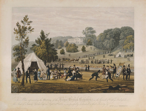 Coloured engraving of archery in the park, in the Agent's Office at Erddig