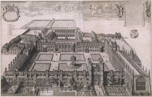 Engraving of Trinity College, Cambridge, 1690 by David Loggan (1633/5-1692) in the Study at Woolsthorpe Manor