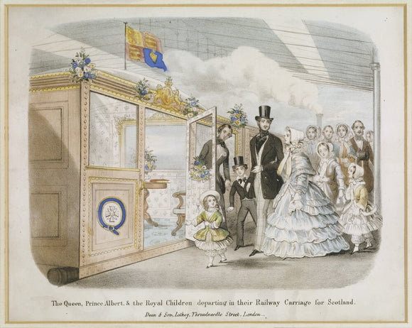 THE QUEEN, PRINCE ALBERT & THE ROYAL CHILDREN DEPARTING IN THEIR RAILWAY CARRIAGE FOR SCOTLAND, a print which hangs on the staircase at Clevedon Court