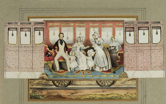 QUEEN VICTORIA, PRINCE ALBERT & PRINCESSES ON TRAIN Coloured print of cut-away section of railway carriage & occupants