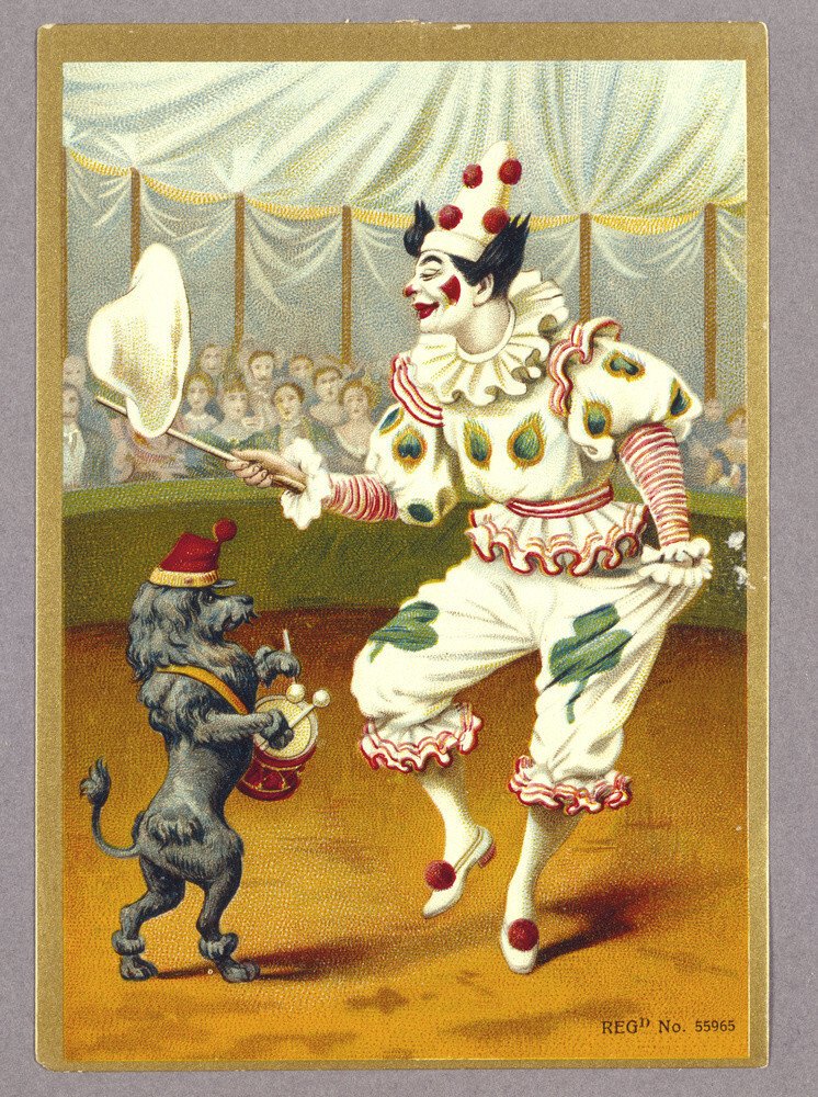 Quarry Bank Mill, a textile trade label depicting a clown in a circus ...