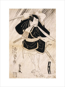 A black and white Japanese print by Kunihiro showing an actor as a fierce warrior