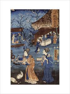 A Japanese Print by Kuniyoshi, showing a garden scene with servants