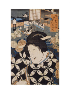A Japanese Print with a close-up of a lady in the foreground by Toyokuni