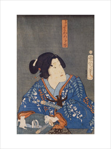 A Japanese Print, showing a woman with a sword and basket