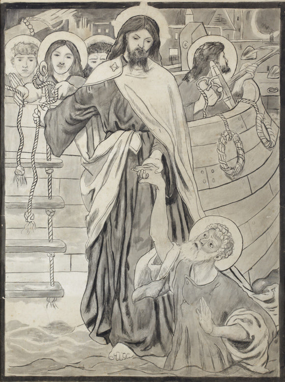 CHRIST RESCUING ST PETER, ink and wash design for stained-glass by Ford Madox Brown (1821-1893)