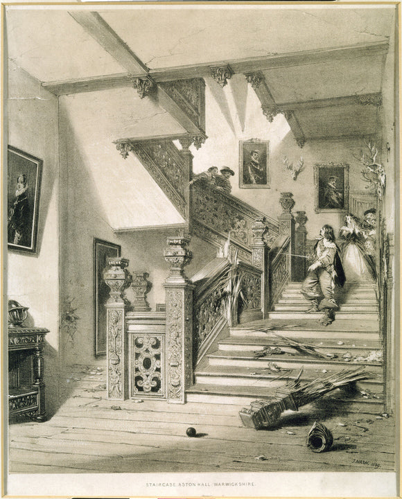 Print of THE STAIRCASE, ASTON HALL, WARWICKSHIRE, hanging in the Entrance Hall