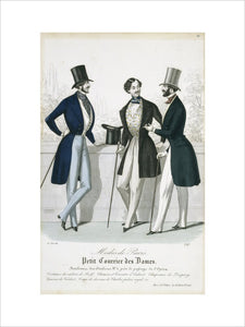 Fashion plate from Januray 1841 Modes de Paris showing gentlemen's frock coats, waistcoats and trousers