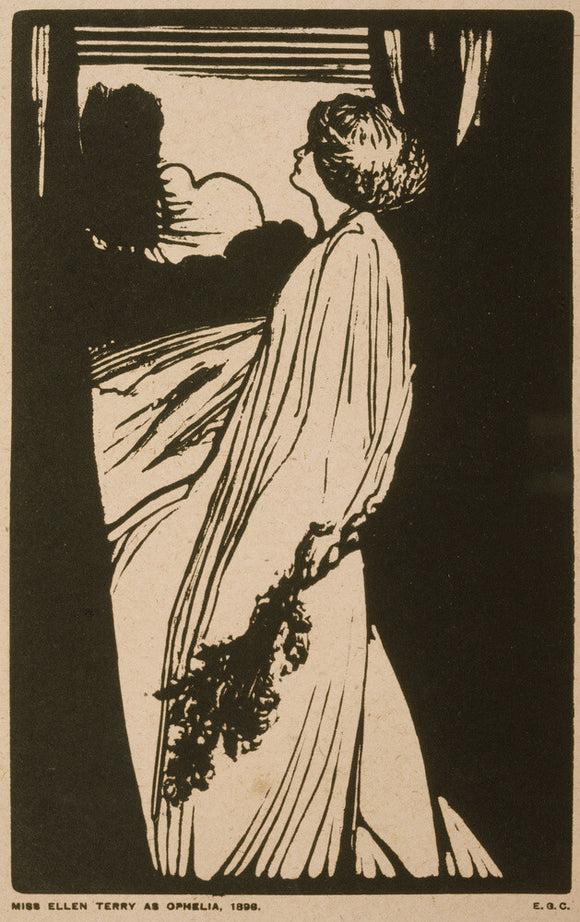 PORTRAIT OF ELLEN TERRY AS OPHELIA by Edward Gordon Craig (1872-1966) Woodcut dated 1896