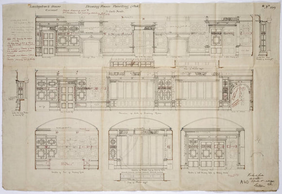 Architectural plan by Richard Coade (1825-1900) showing the proposed interior design for the Drawing Room 1881-5, at Lanhydrock, Cornwall