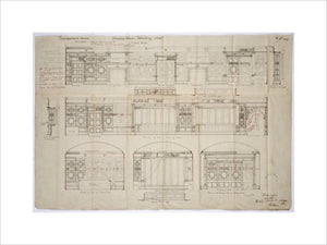 Architectural plan by Richard Coade (1825-1900) showing the proposed interior design for the Drawing Room 1881-5, at Lanhydrock, Cornwall