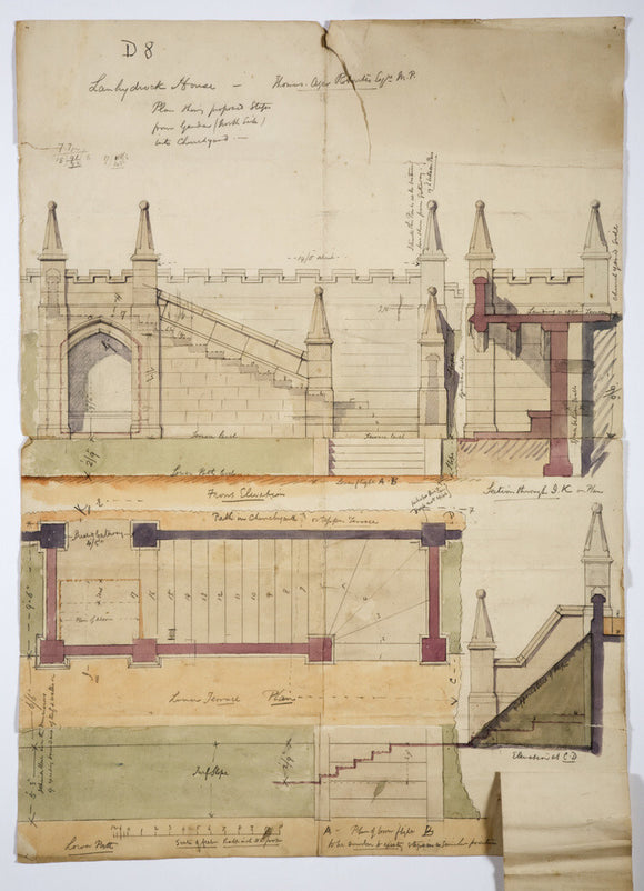 Architectural plan by Richard Coade (1825-1900) showing the church steps in the North garden as executed 1858-64