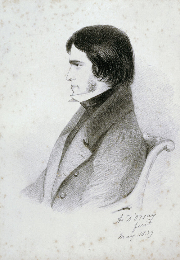 Pencil sketch of Thomas Carlyle, May 1839, by Count D'Orsay in the Attic Study at Carlyle's House