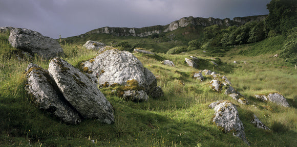 Chalk erratics lay strewn about below the cliffs at Murlough Bay, on a cloudy and grey day