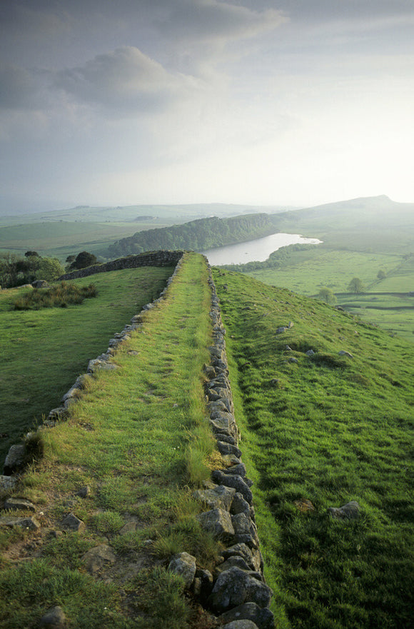 Hadrian's Wall at Hotbank near Housesteads, Crag Lough and Steel Rigg beyond