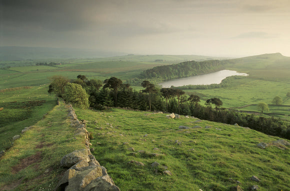 Hadrian's Wall at Hotbank near Housesteads, Crag Lough and Steel Rigg beyond