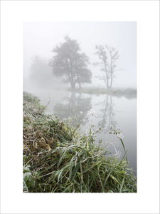 The River Wey Navigations near Triggs Lock at Send, Surrey on a misty, wintry morning showing the river with trees on the far bank