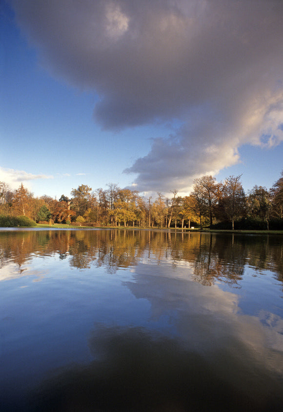 A view across the lake, to the far shore, in autumn colours, in Claremont Landscape Gardens