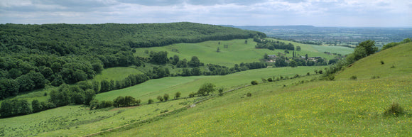A panoramic view of Haresfield Beacon (NT), near Stroud, looking south towards Standish Wood (NT)