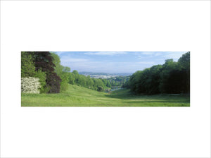 View over Prior Park towards the Palladian Bridge, with Bath in the background