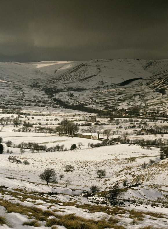 View across the landscape at Edale from the Mam Nick Road under snow
