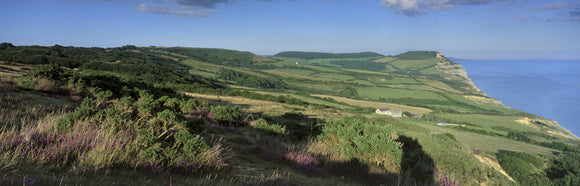 Looking east, over the cliff tops, to Golden Cap, with Chesil Beach and Portland in the distance