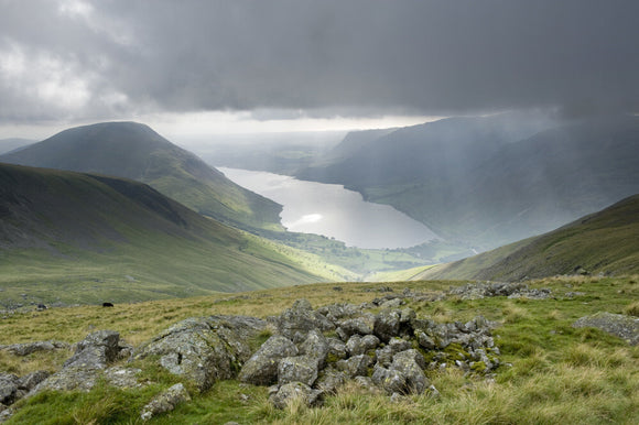 A striking and dramatic view of Wastwater in the distance, at Wasdale, Cumbria