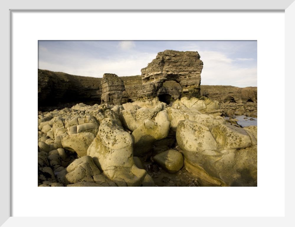 Eroded rocks and magnesian limestone arch near Whitburn, The Leas, Sou ...