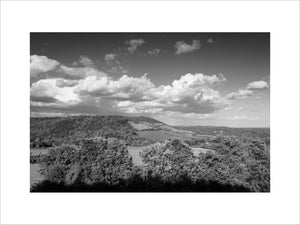 A black & white view of Box Hill, Surrey, with rolling downland and woodland in May