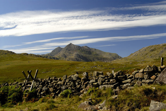 The summit of Snowdon (partly NT) and Crib Goch from the southern slope of the Glyders, Snowdonia National Park, Wales