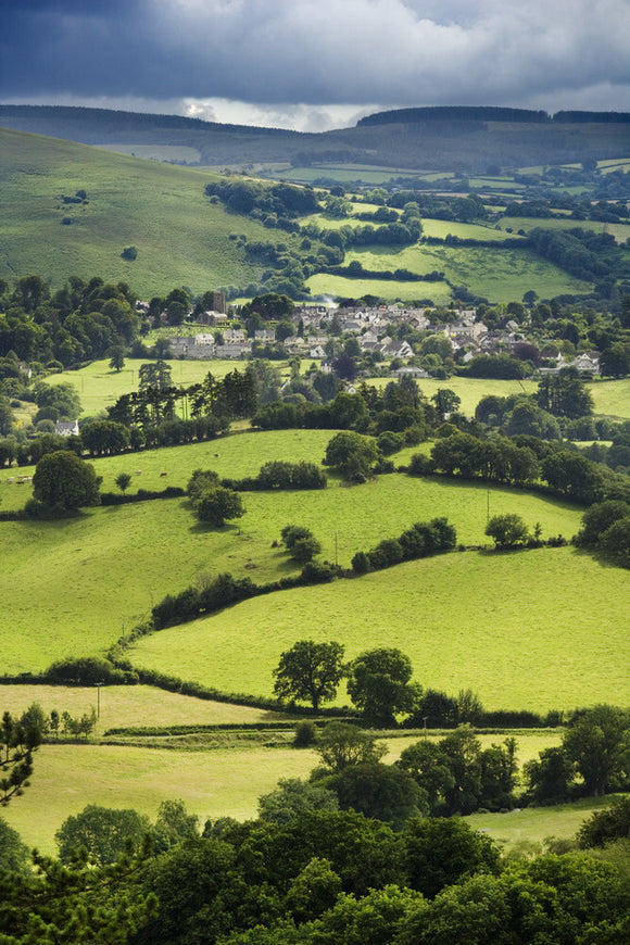 The village of Chagford and valley viewed from the roof of Castle Drogo, near Exeter, Devon
