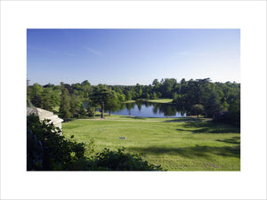 View over the amphitheatre to the lake at Claremont Landscape Garden, Esher, Surrey