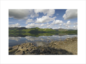 Catbells seen from the east shore of Derwentwater, with cloud reflections in the water, Cumbria