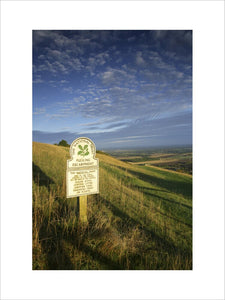 National Trust omega sign on Fulking Escarpment on the South Downs, West Sussex