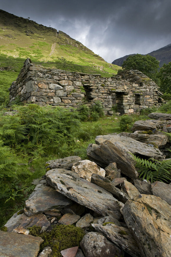 A ruined mine building with Clogwyn Brith beyond with the incline notch still visible on Hafod Y Llan farm, Snowdonia, Wales