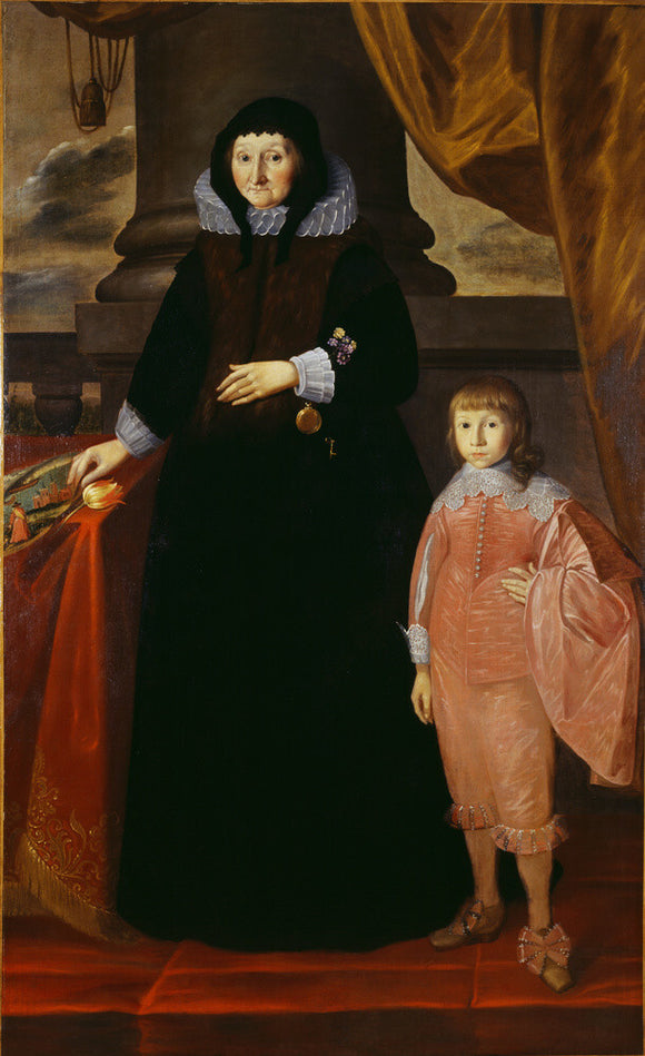 Portrait of DAME DOROTHY SELBY with a young boy in a red costume, at Ightham Mote