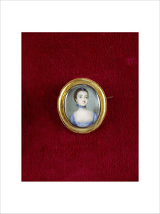 A minature portrait of a women in a blue dress trimmed with lace