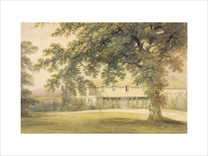 A watercolour of Holnicote House in the late 18th century with the south cross-wing added and a large oak tree in the foreground