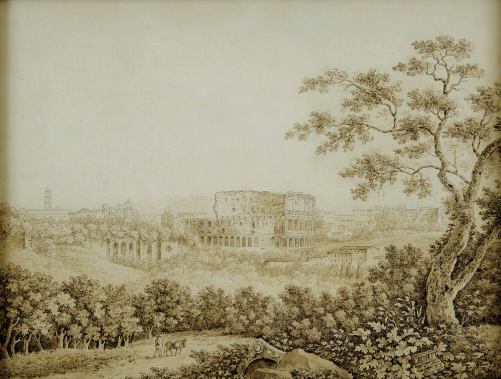 AN EXTENSIVE VIEW OF ROME WITH THE COLOSSEUM; by Franz Kaiserman (1765 ...