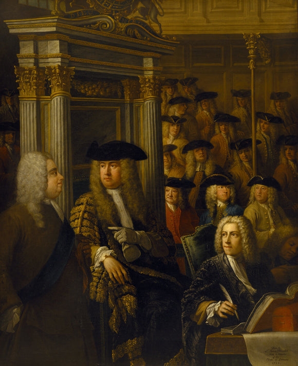 WALPOLE TALKING TO THE SPEAKER, ARTHUR ONSLOW IN THE HOUSE OF COMMONS 1730, by Sir James Thornhill (1675-1734)