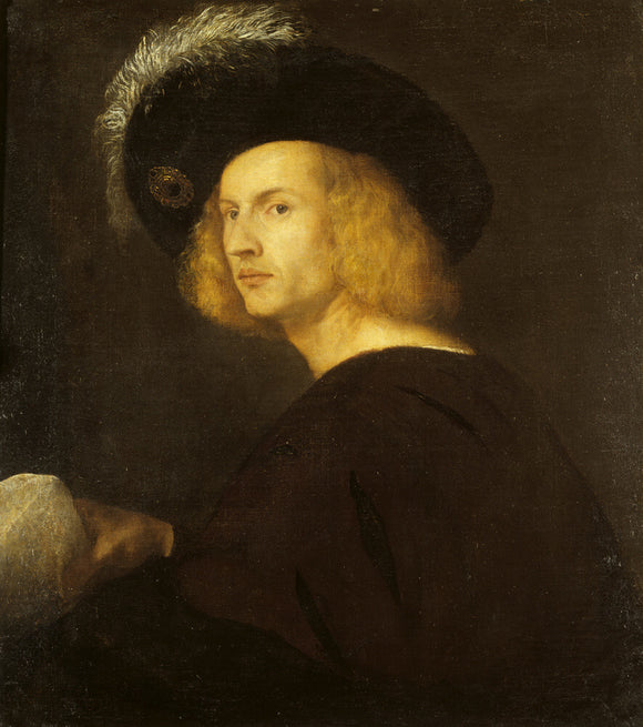 MAN IN A BLACK PLUMED HAT by Titian (c1487-1576) An early, but somewhat abraded, work