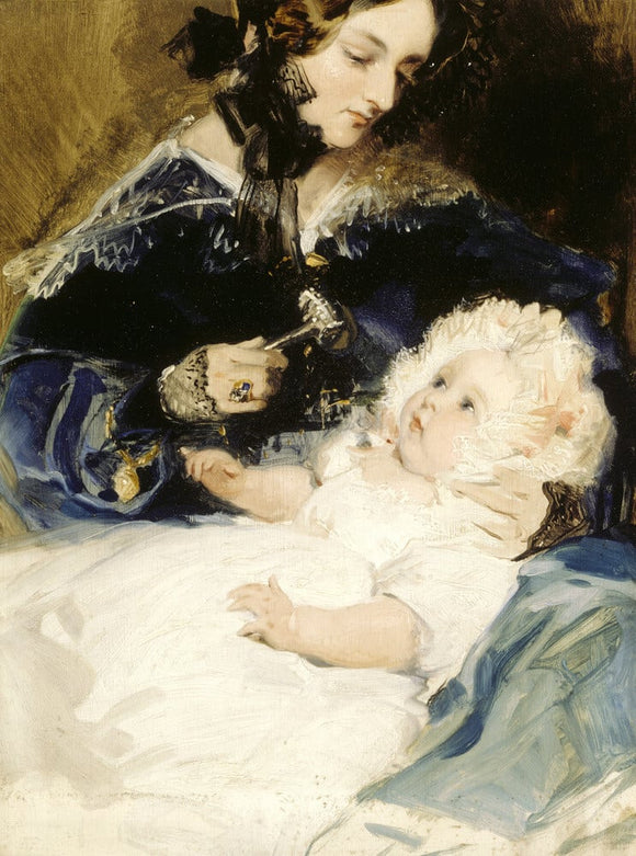 LADY LOUISA RUSSELL, MARCHIONESS OF ABERCORN (1812-1905) HOLDING HER DAUGHTER LADY HARRIETT HAMILTON (?1834-1913) by Sir Edwin Landseer (1802-73) from Shugborough Hall