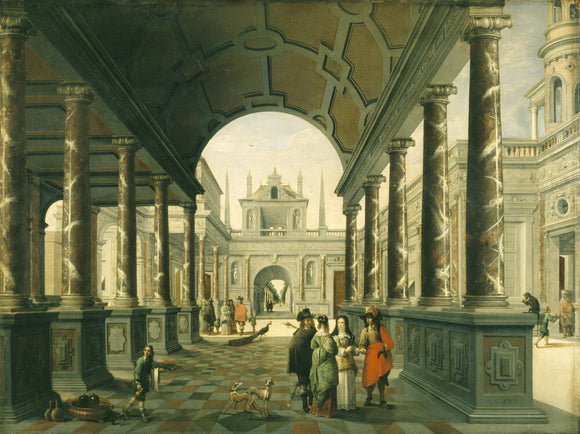 Architectural capriccio with figures of Vredeman de Vries and David Teniers the Younger