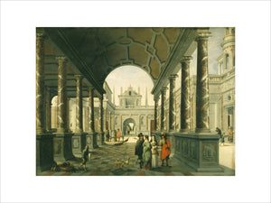 Architectural capriccio with figures of Vredeman de Vries and David Teniers the Younger